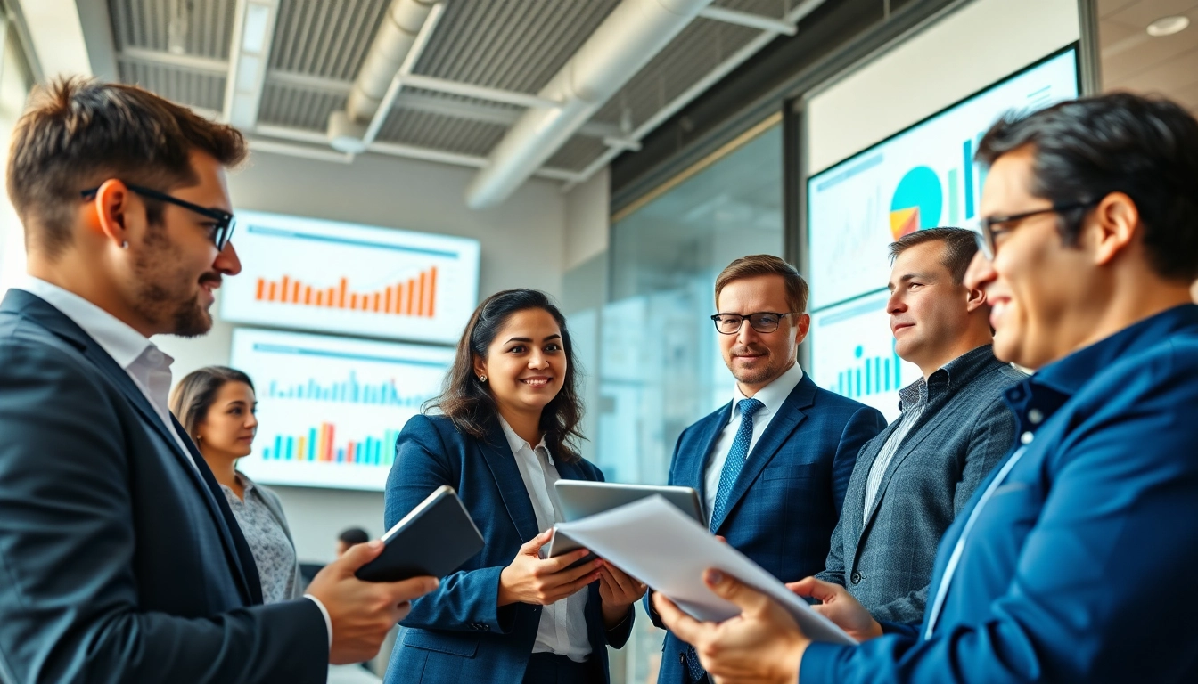 Analyze competitive intelligence data collaboratively with a diverse business team in a bright office.