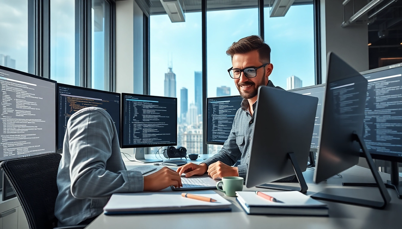 Showcasing web development expertise in a vibrant workspace with coding interfaces and design elements.