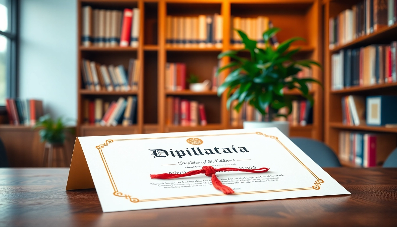 Order a high-quality diploma to buy diploma with a professional presentation on a wooden desk.