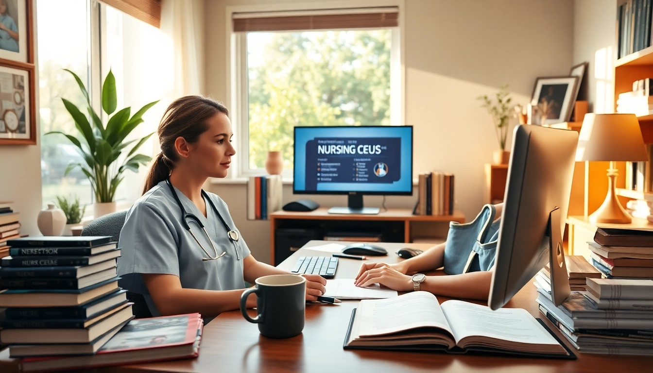 Engaged nurse accessing nursing ceus courses in a tranquil study environment.