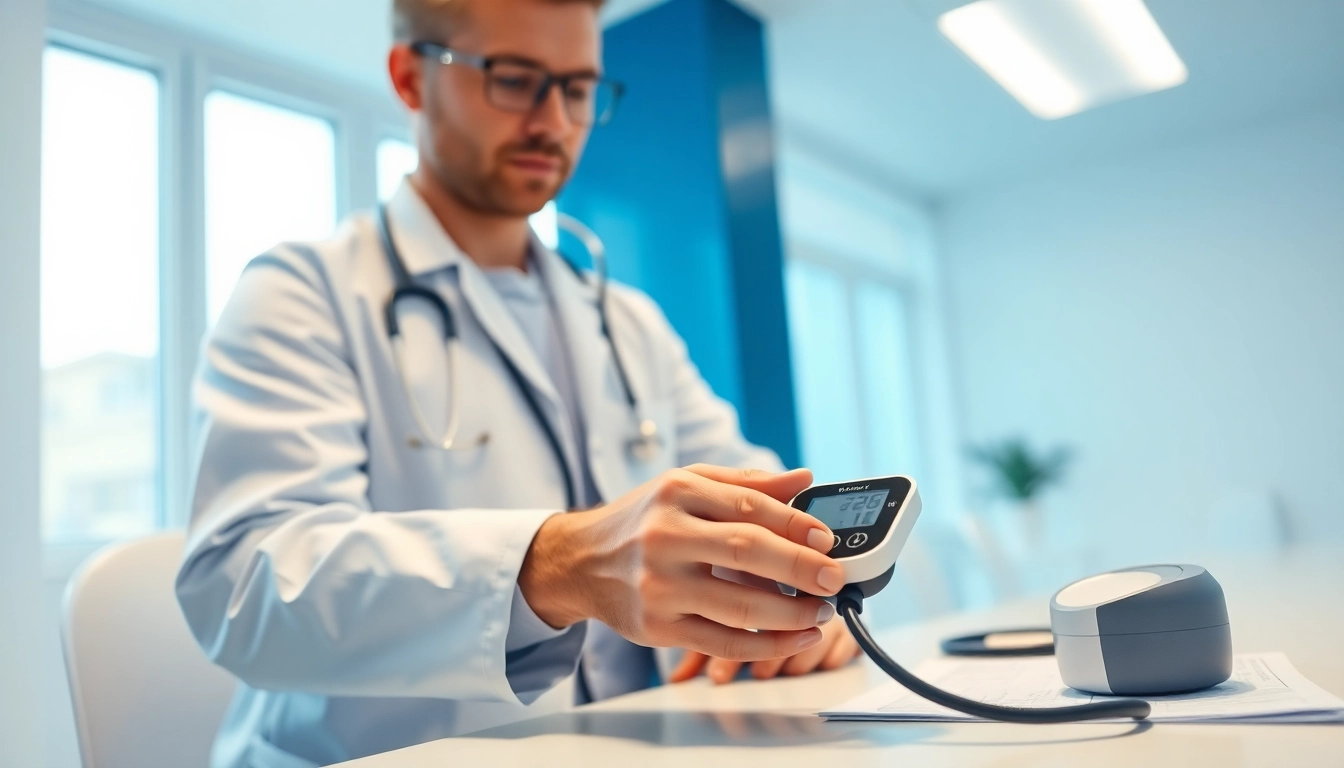 Erfahrener Arzt misst den Bluthochdruck eines Patienten in einer modernen Klinik.