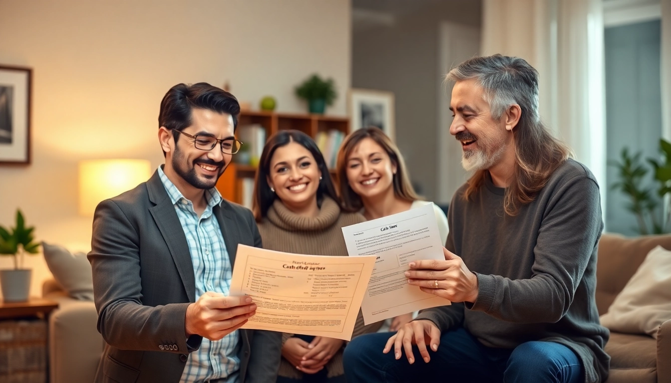 Engaging discussion between direct home buyers and a real estate agent about cash offers.