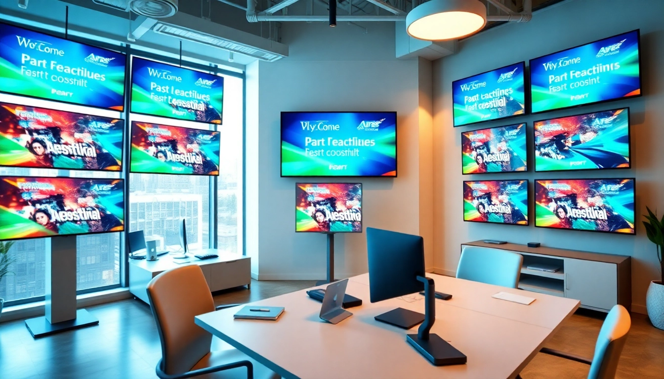 Engaging multi-screen digital signage management setup featuring vibrant displays in an office environment.