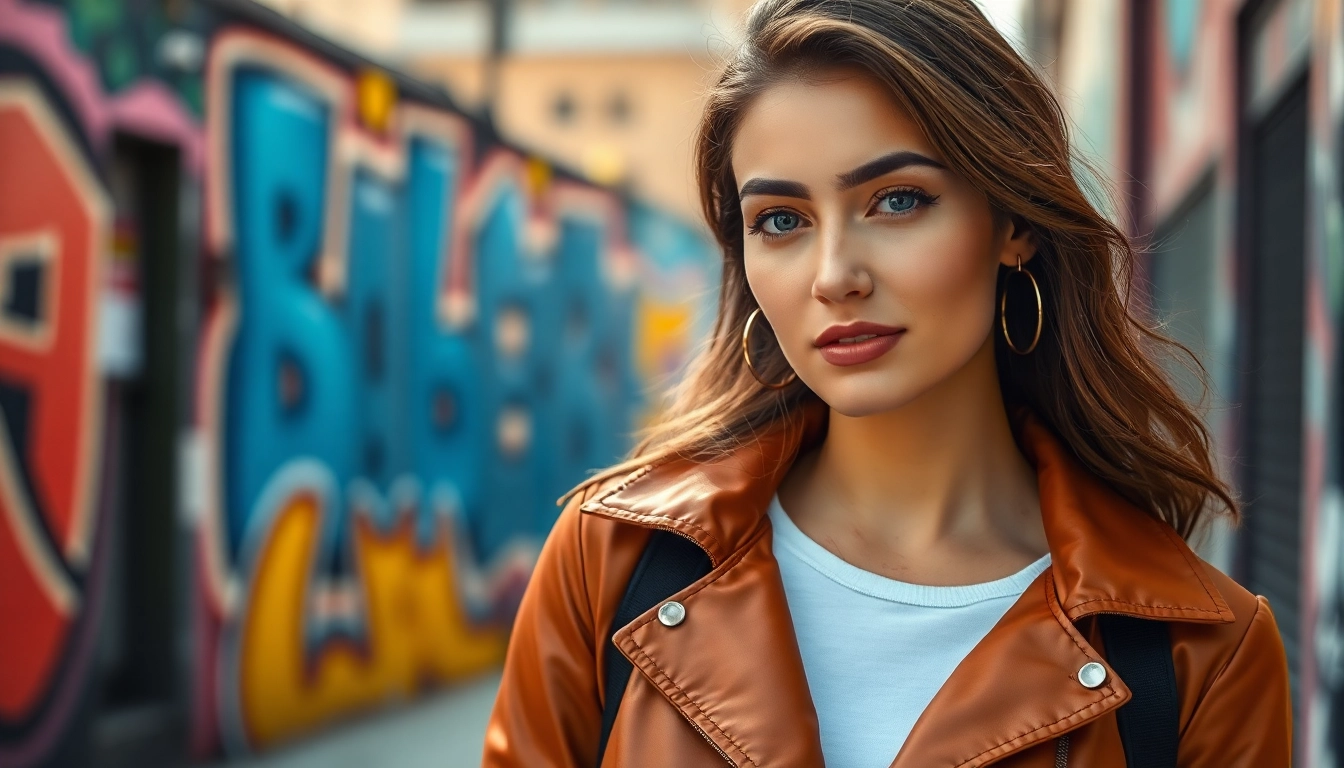 Stylish woman showcasing jacket women against vibrant urban backdrop