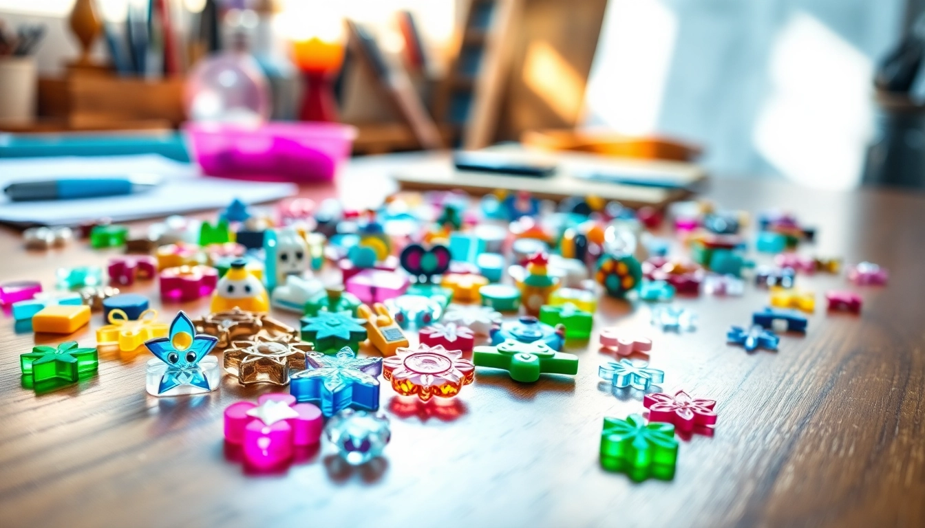 Admire colorful acrylic charms displayed creatively on a surface, highlighting unique designs and shapes.