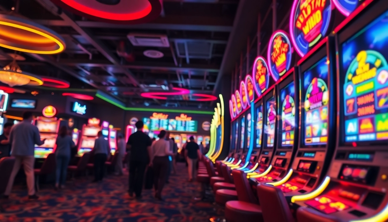 Menikmati game slot dengan mesin slot berwarna-warni di kasino yang ramai.
