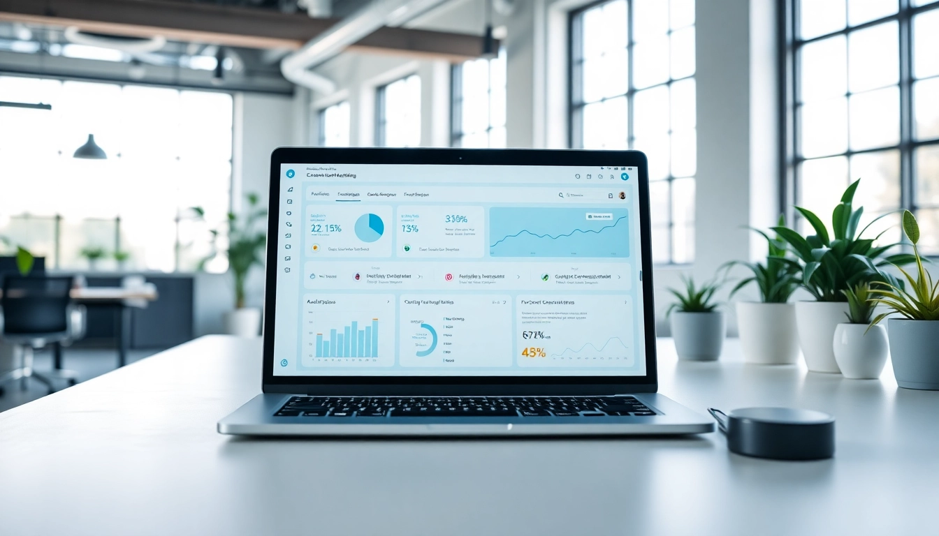 Engaging interface of AI content marketing platform displayed on a modern laptop in a bright office setting.