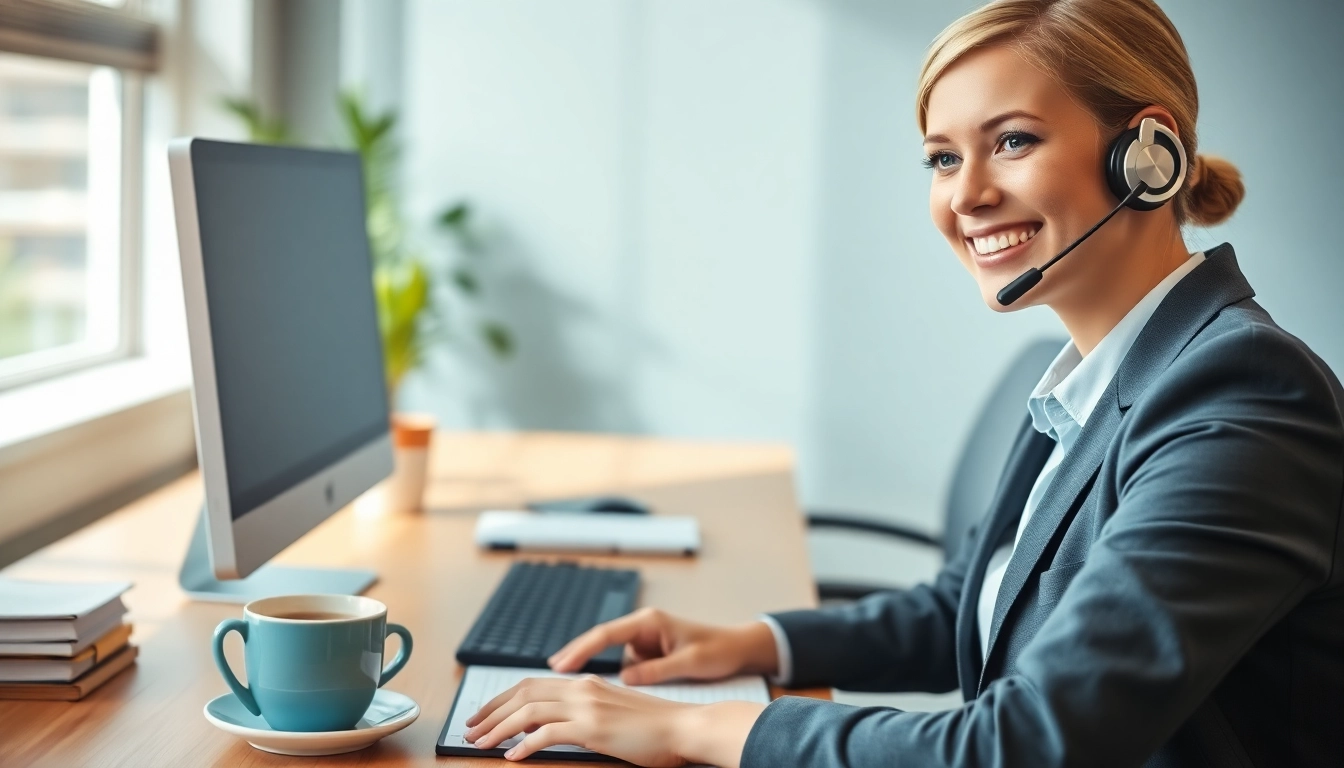 Receptionist skillfully managing phone answering calls in a bright office.