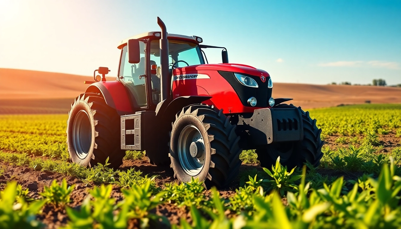 Massey Ferguson Traktor in Aktion auf einem fruchtbaren Feld darstellend.