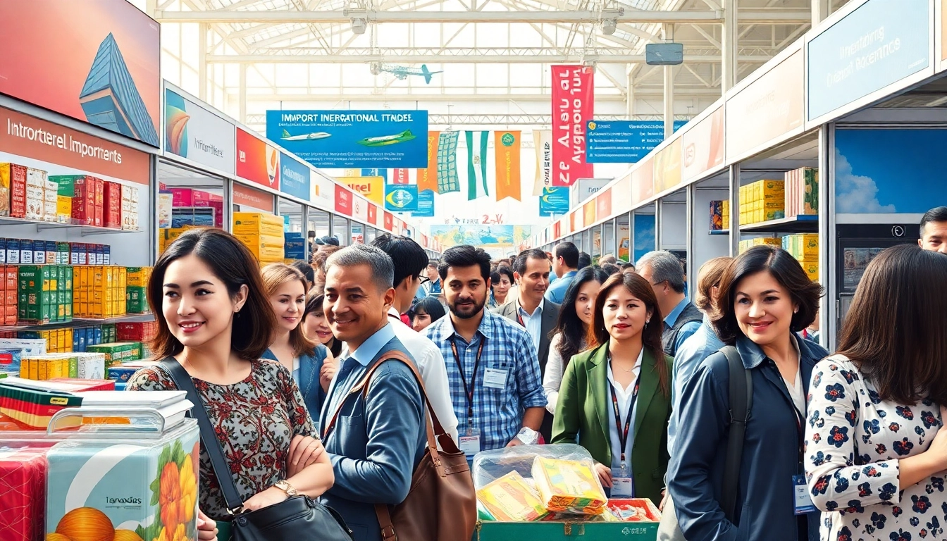 Importers networking at an international trade expo with vibrant displays and products.