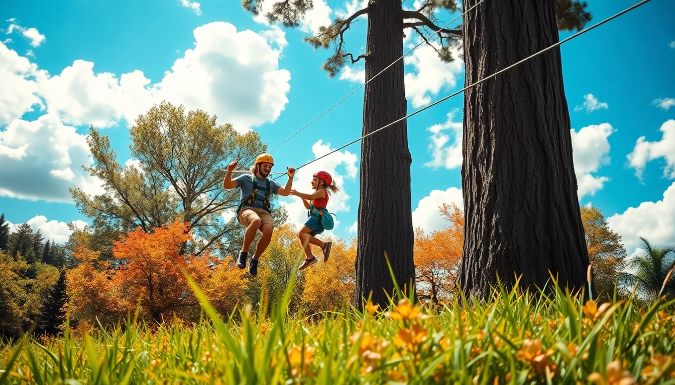 Family members enjoying a thrilling ride on a ZIP WIRE KIT amidst a lush outdoor setting.