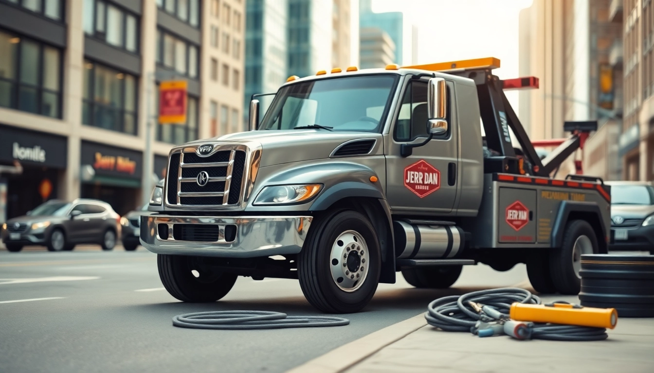 Jerr Dan tow truck showcasing its premium design and functionality on a city street.