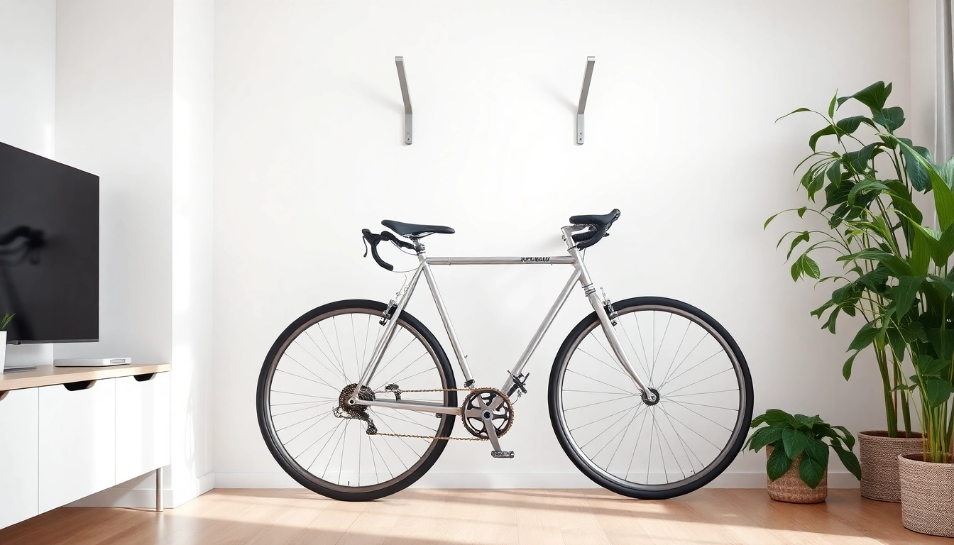 Organize your apartment bike storage with a stylish wall-mounted bike rack in a modern setting.