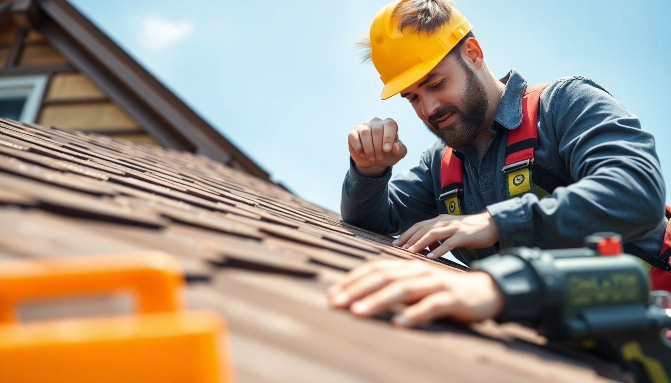 Roof repair Vancouver Wa with a roofing technician inspecting shingles on a residential home.