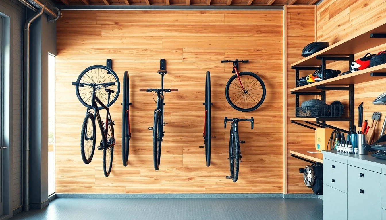 Organized wall-mounted bike storage exhibiting efficiency and style in a garage setting.