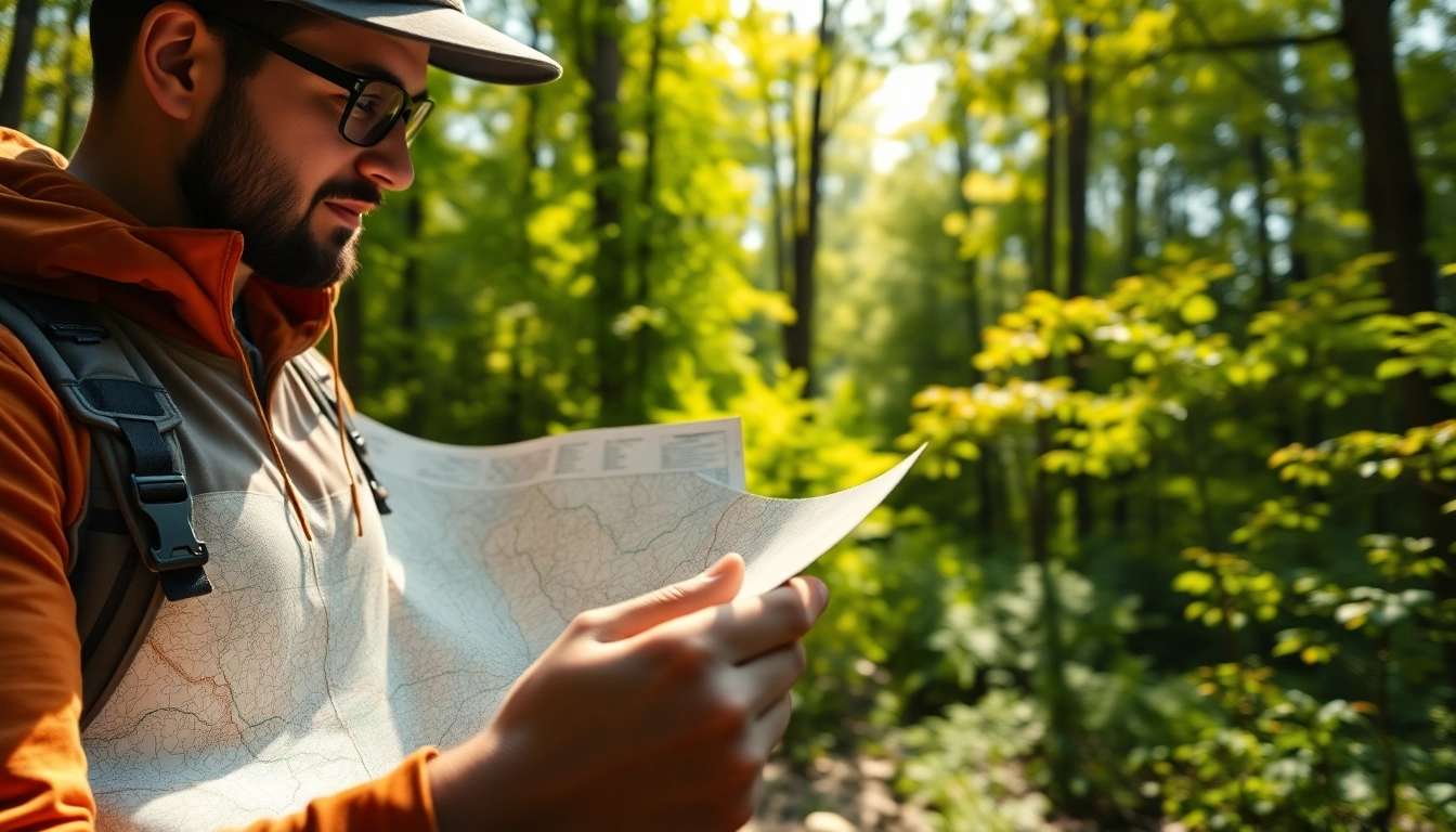 Engage with a trail map while exploring scenic hiking paths in nature.