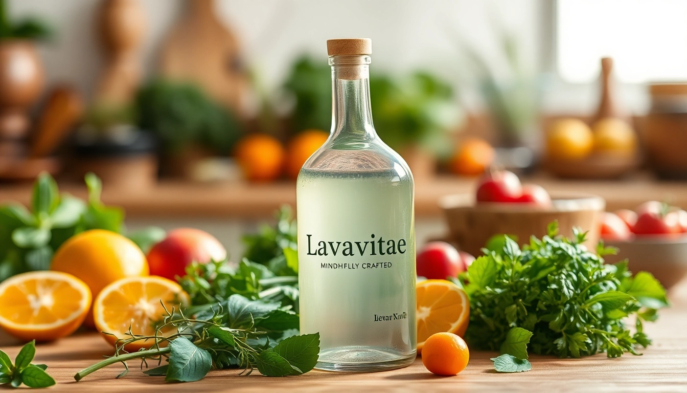 Lavavitae, butelka ze świeżymi ziołami i owocami w naturalnym stylu.