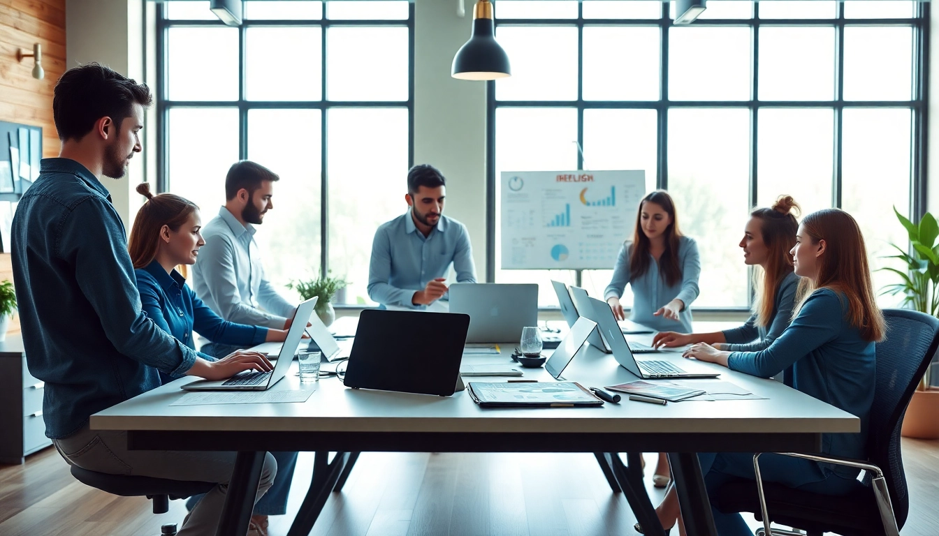 Showcase seo and web design companies teamwork in a bright, modern office.