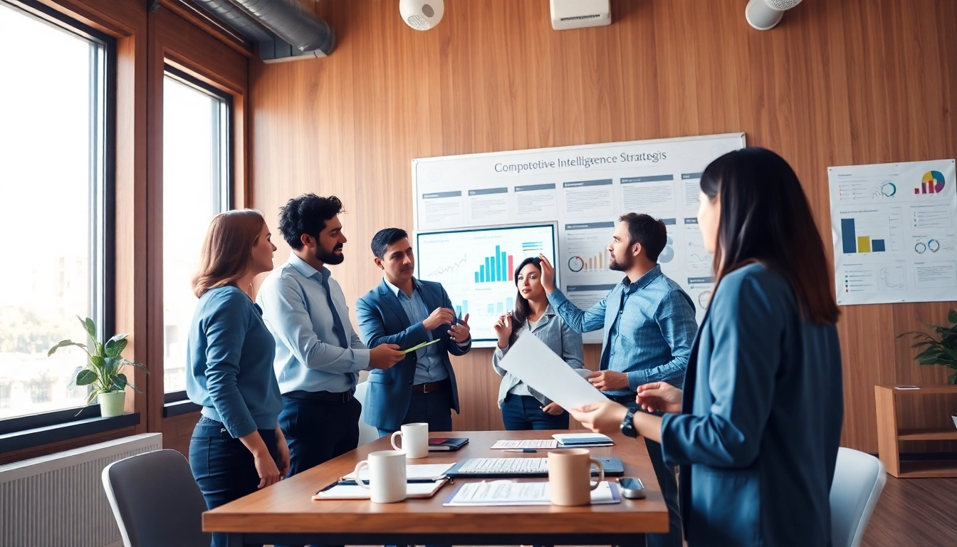 Analyze strategic plans for competitive intelligence with a diverse business team collaborating.