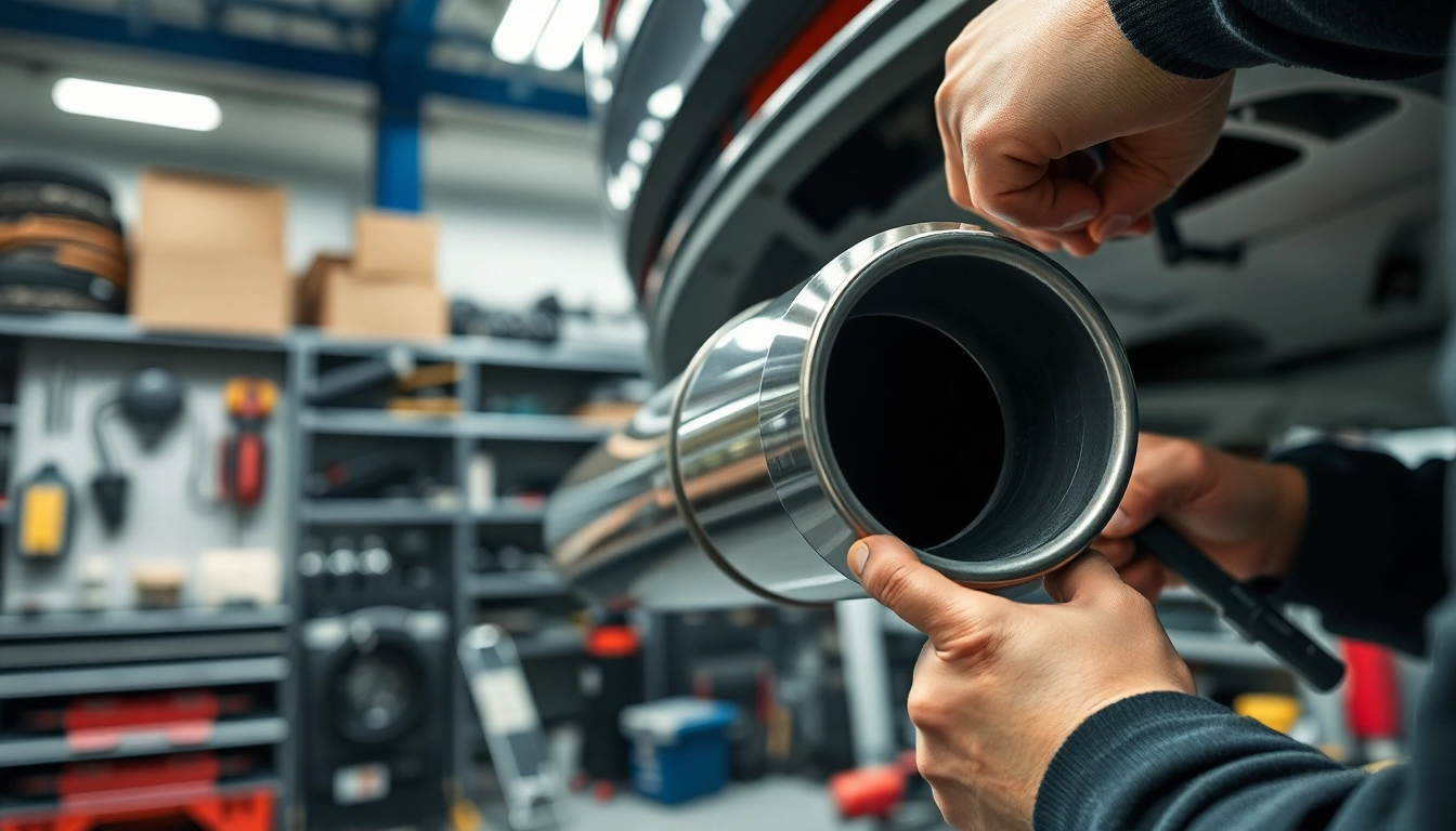 Mechanic installing f80 midpipe in a workshop, showcasing precision and craftsmanship.