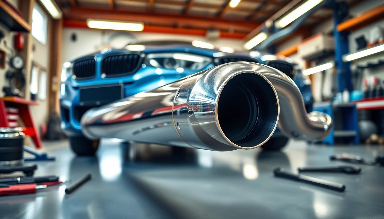Showcasing an f80 midpipe highlighting its sleek design and quality construction in automotive workshop setting.