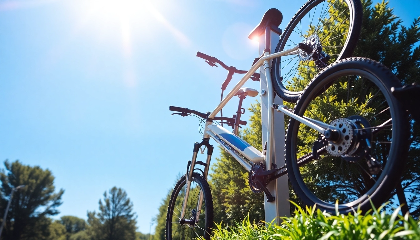 Securely holding bikes, a vertical bike rack offers durability and modern design in a bright setting.